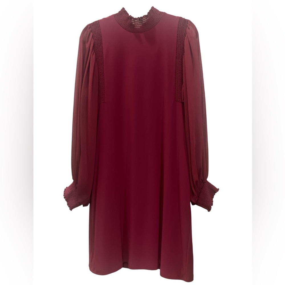 White House Black Market Cabernet Shift Dress With Sheer Long Sleeves Size Large